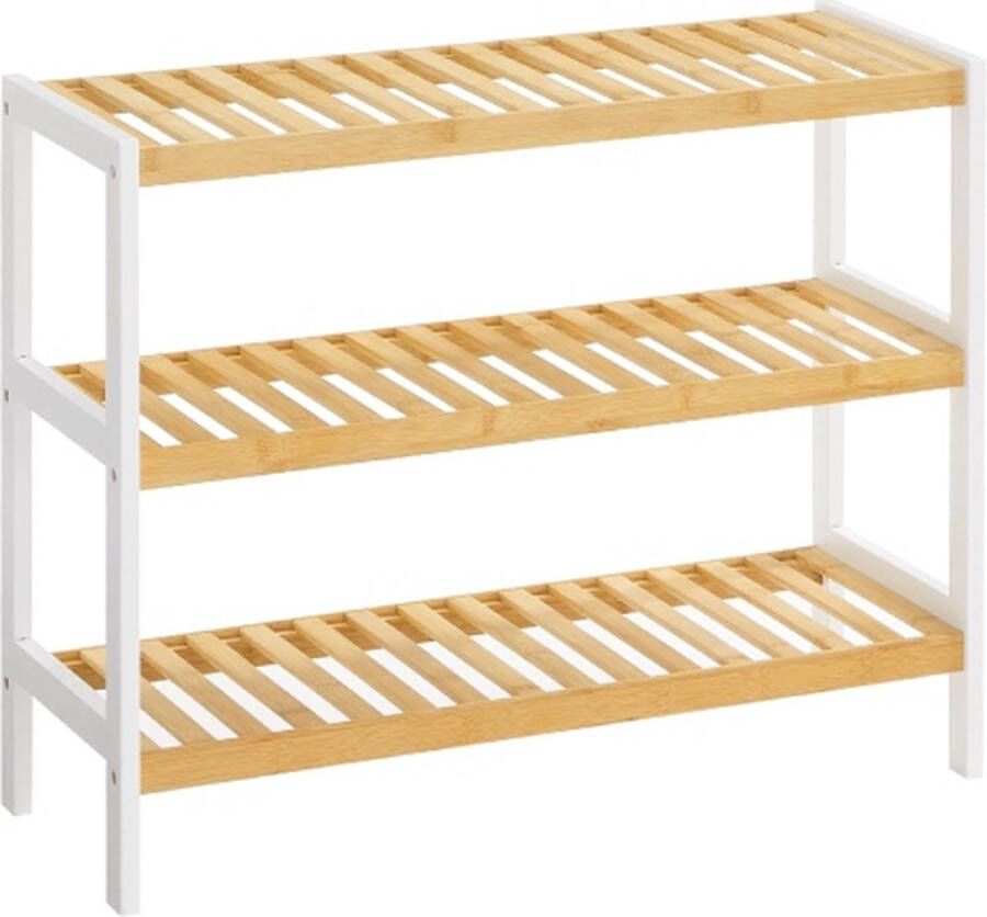 Schoenenrek bamboe 3 niveaus H x B x D: ca. 55 x 70 x 25 cm Schoenenkast Schoenenrek voor 12 paar schoenen Schoenenstandaard Schoenenrek wit-natuurlijke kleuren LBS03H Groot