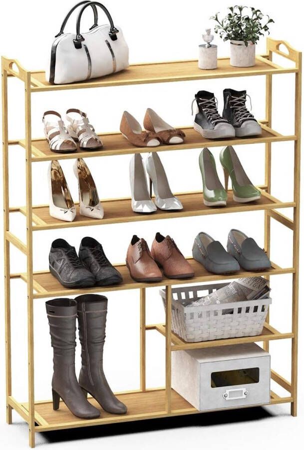 Schoenenrek bamboe frame schoenenrek 6 laags smal MDF houten staande plank multifunctionele doe-het-zelf houten plank 80x26x102cm