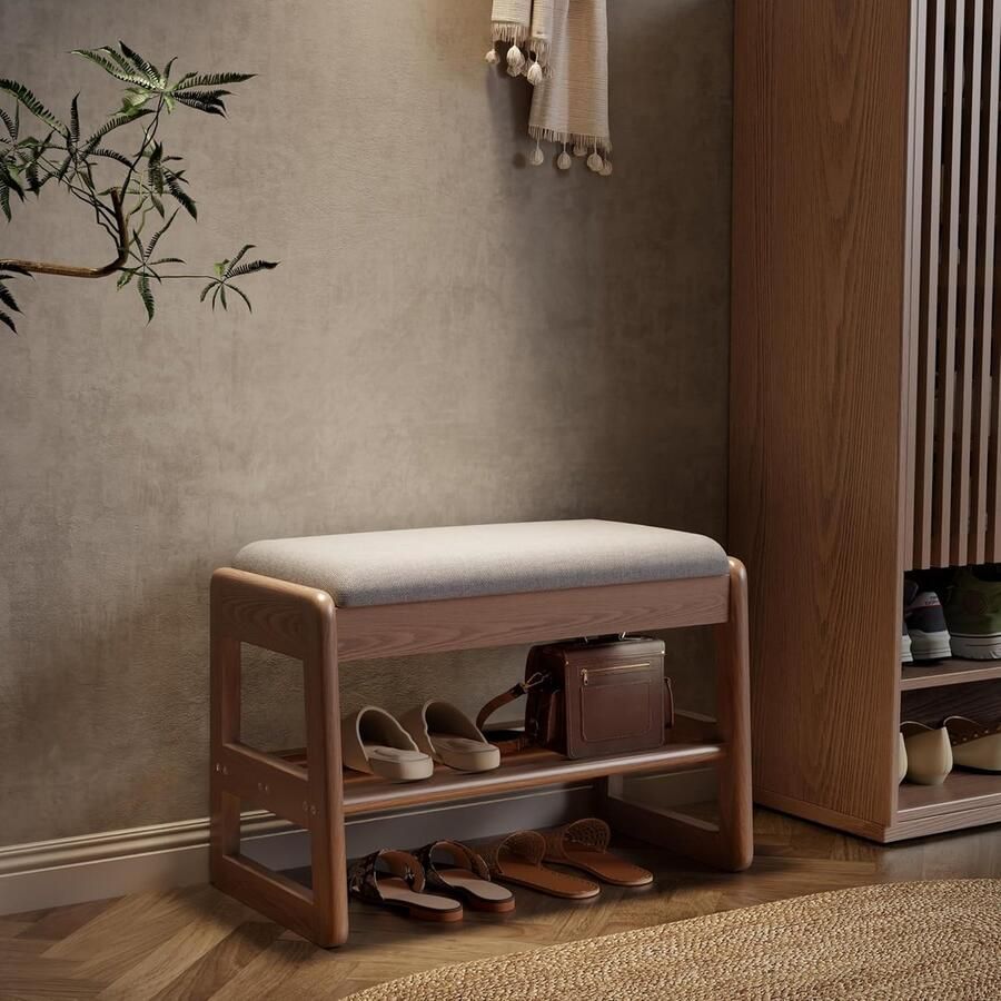 Schoenenrek bank met kussen 2 niveaus schoenenbank met klapdeksel houten schoenenrek voor ingang hal 60 cm (walnoot)