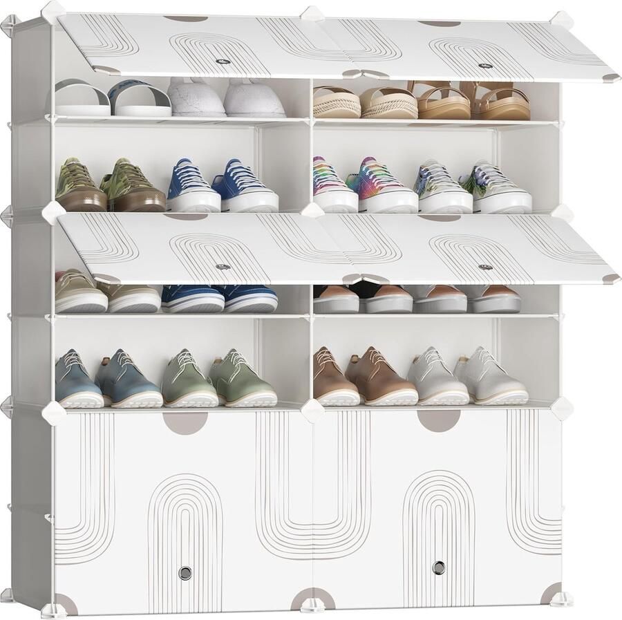 Schoenenrek draagbaar schoenenopbergrek DIY stofdicht schoenenkast modulair schoenenrek met deur hal slaapkamer woonkamer entree schoenenkast wit met draadpatroon 2 x 6