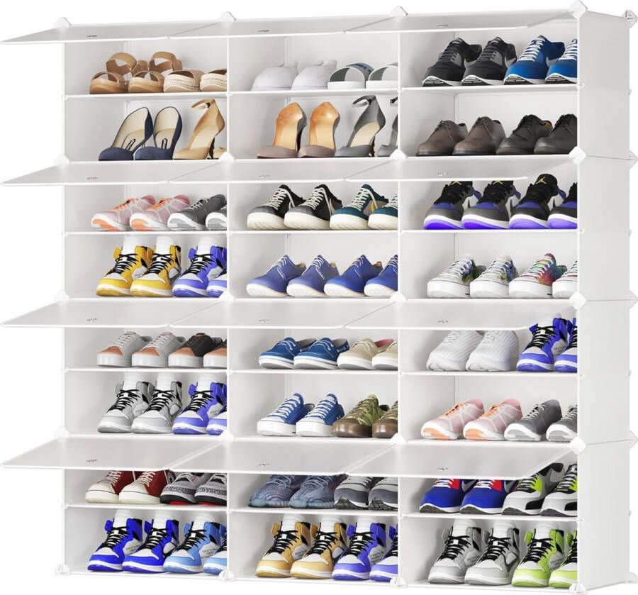 Schoenenrek draagbaar schoenenrek doe-het-zelf kunststof stofdicht schoenenkast modulaire schoenenorganizer voor hal slaapkamer woonkamer ingang wit met transparante deuren 3 x 8