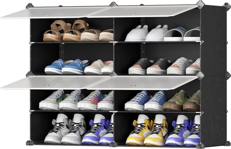 Schoenenrek draagbaar schoenenrek doe-het-zelf kunststof stofdichte schoenenkast modulaire schoenenorganizer voor hal slaapkamer woonkamer entree zwart met transparante deuren 2 x 4