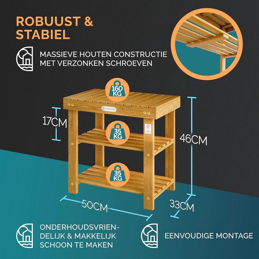 Schoenenrek en Zitbank van Massief Acaciahout Multifunctioneel 3 Schappen 160kg Belastbaar
