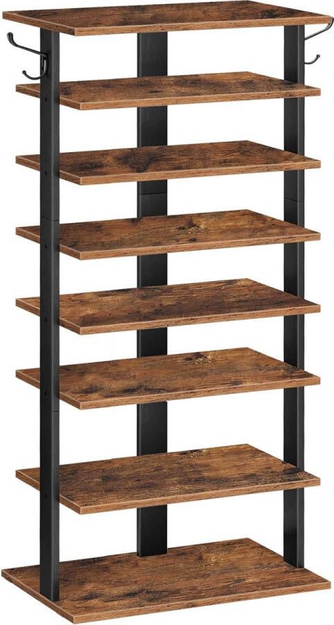 Schoenenrek hoge schoenenrek met 8 niveaus 50 x 28 x 113 cm schoenenkast met 2 haken schoen organisator voor 16 paar gang woonkamer industrieel rustiek bruin