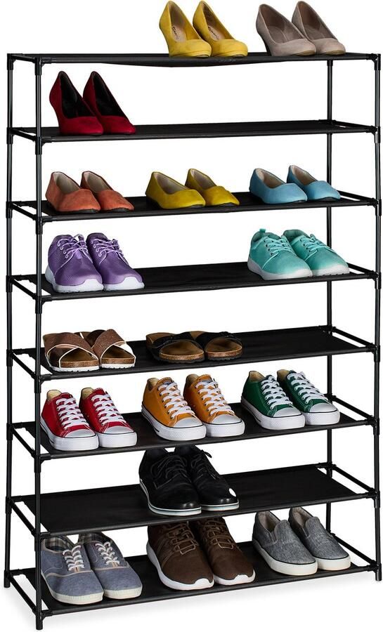 Relaxdays schoenenrek metaal en stof zwart opbergrek schoenen hal schoenenmeubel 8 etages