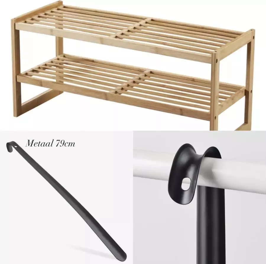 Schoenenrek Incl xl schoenlepel 79cm voor 6 paar schoenen Schoenen Rek bamboe hout met 2 etages Opbergrek badkamerrek 72.5x27x28.5cm