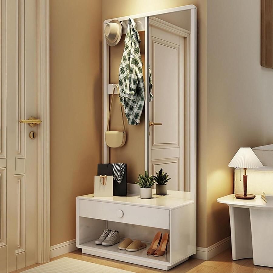 Schoenenrek kapstok met spiegel vrijstaand schoenenbankrek voor hal houten moderne kapstok voor woonkamer wit kapschuur