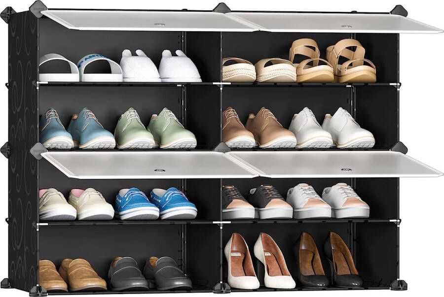 JOISCOPE Schoenenrek kastorganizer kast slaapkamer schoenenrek reksysteem stapelbaar schoenenkast voor hal slaapkamer ingang zwart met transparante deuren (2 x 4)
