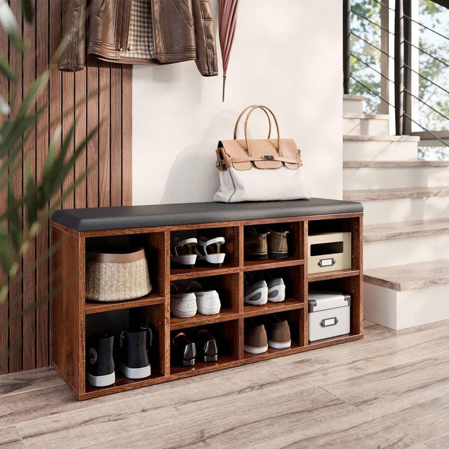 Schoenenrek klein 104 x 49 x 30 cm Schoenenkast met zitbank Eiken bruin rustiek – Shoe rack with bench WM033-EC-A - Foto 2
