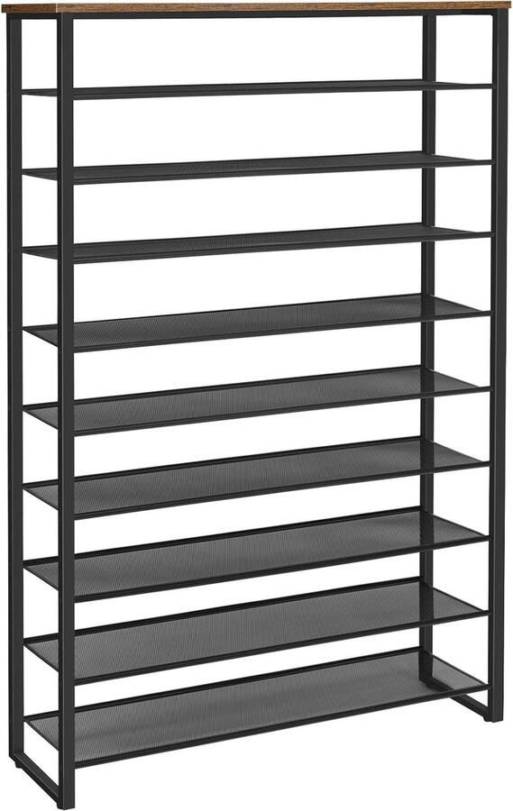 Schoenenrek met 10 niveaus 100 cm hoog schoenenrek metaal voor 40-50 paar schoenen ruimtebesparend voor hal woonkamer vintage bruin-zwart