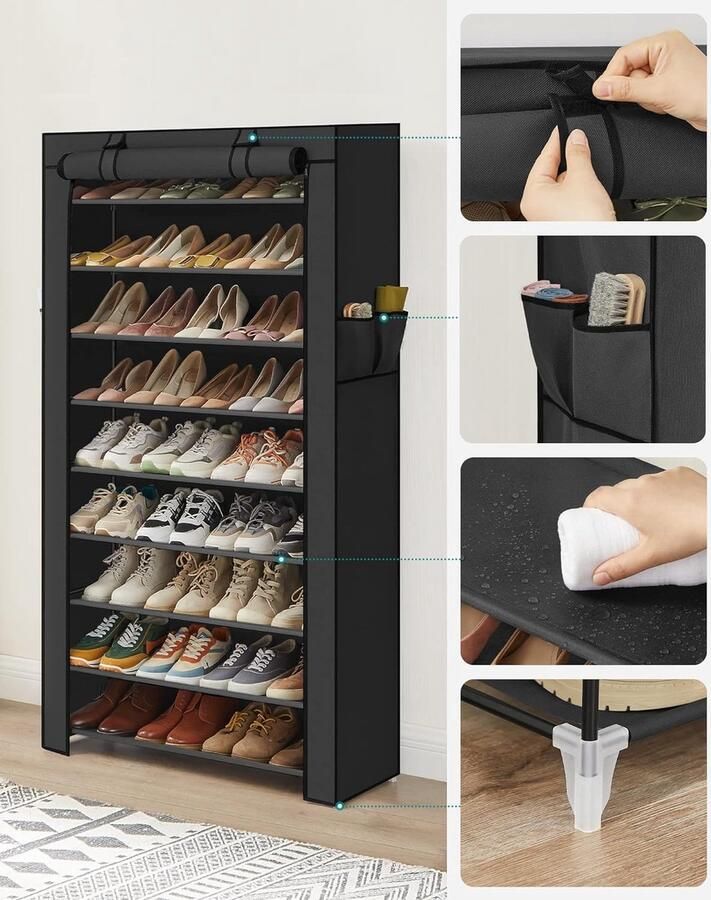 Schoenenrek met 10 niveaus met stofdichte hoes schoenenkast schoenenrek schoenenopberger voor maximaal 40 paar schoenen voor woonkamer gang 88 x 28 x 160 cm zwart