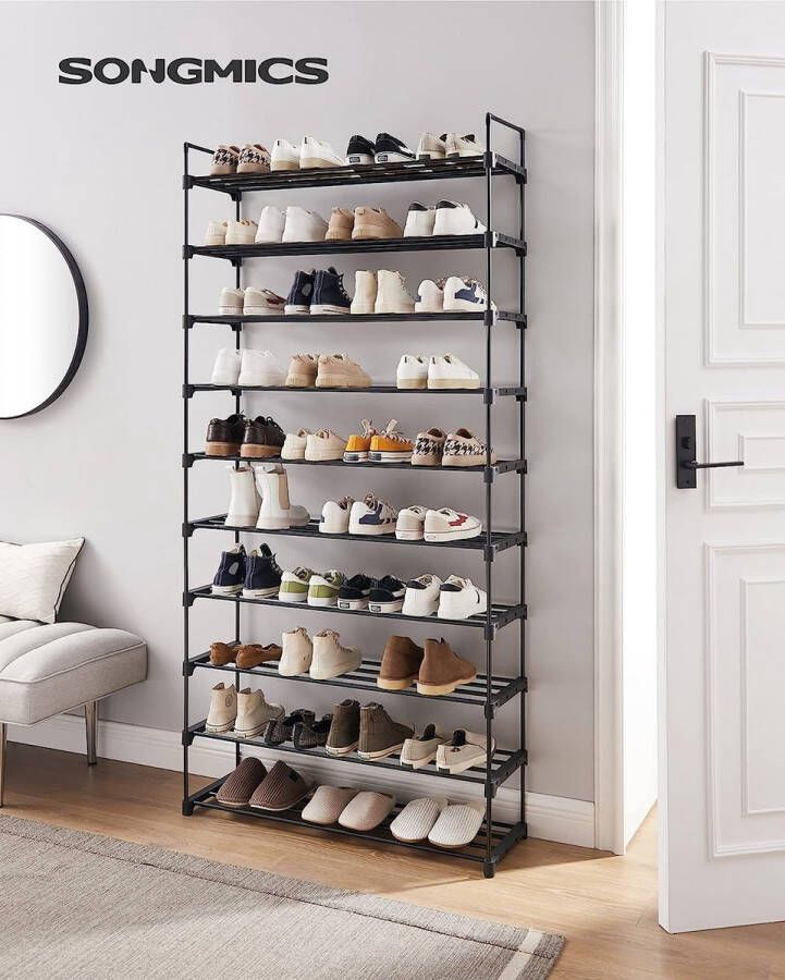 Schoenenrek met 10 niveaus metalen schoenenopslag voor max. 50 paar schoenen schoenenplanner voor woonkamer hal en kleedkamer 92 x 30 x 194 cm zwart