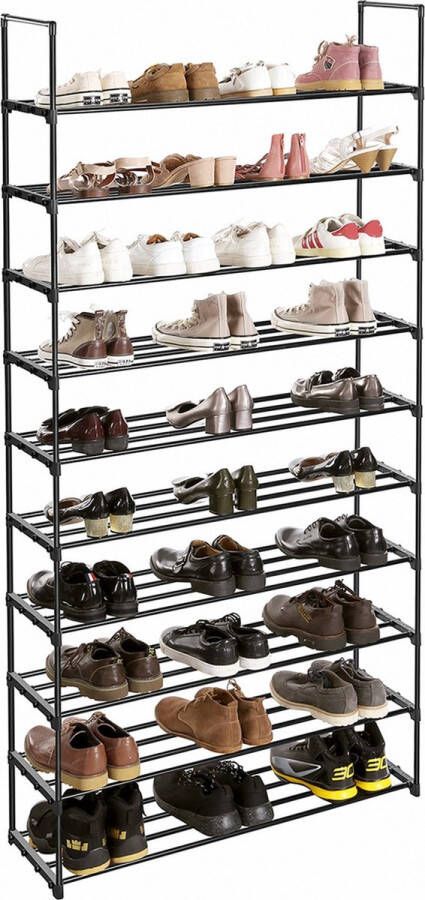 Schoenenrek met 10 niveaus open schoenenkast hoog schoenenstandaard smal schoenenopslag van metaal ruimtebesparend voor kleedkamer hal 30 x 94 x 206 cm zwart