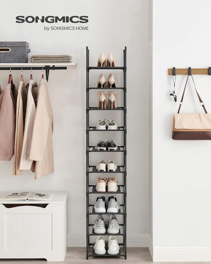 Schoenenrek met 10 Niveaus Ruimtebesparende Schoenenopberger voor Hal en Slaapkamer 33 x 33 x 173 cm Metalen Frame en Vliesstof Planken