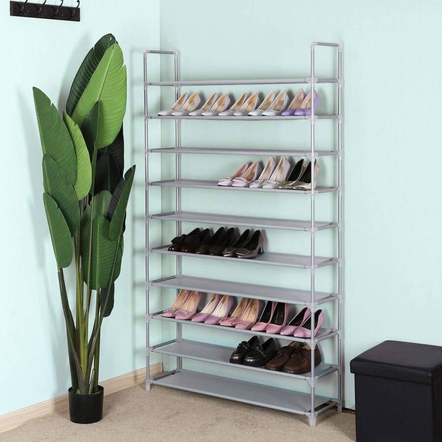Schoenenrek met 10 niveaus schoenenopslag organizer voor maximaal 50 paar schoenen voor woonkamer kleedkamer en hal vliesstof 100 x 29 x 175 cm grijs LSR10G