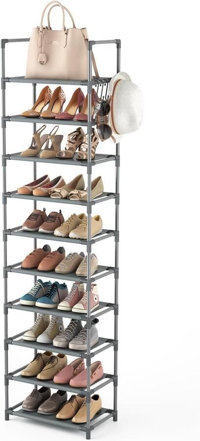 Schoenenrek met 10 niveaus schoenenorganizer voor 20-25 paar schoenen open schoenenkast hoog schoenenstandaard smal schoenenopslag voor hal woonkamer slaapkamer grijs