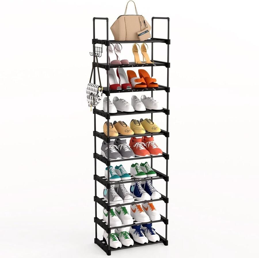 Schoenenrek met 10 niveaus schoenenorganizer voor 20 paar schoenen smalle schoenenopslag van metaal open schoenenstandaard hoog met haken voor woonkamer slaapkamer hal