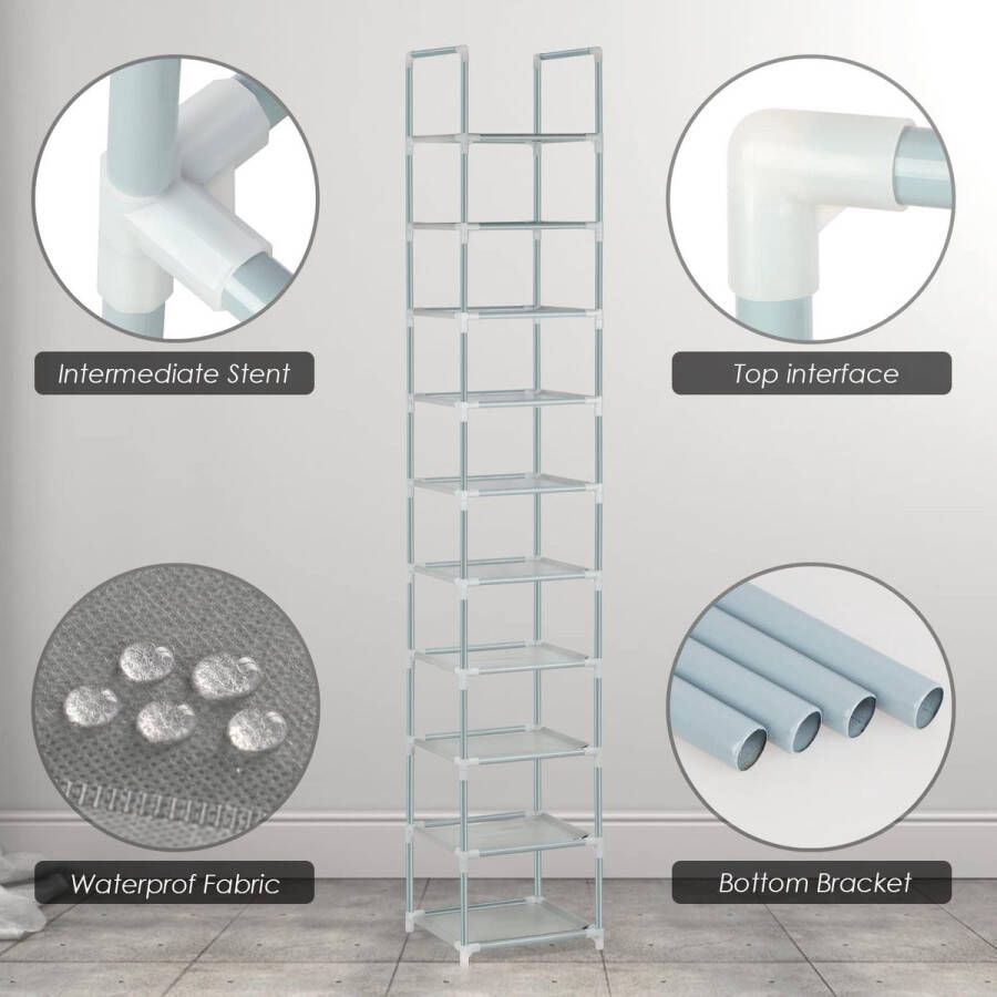 Schoenenrek met 10 niveaus smal hoge schoenenkast vrijstaand stapelbaar schoenenrek voor hal entree slaapkamer grijs