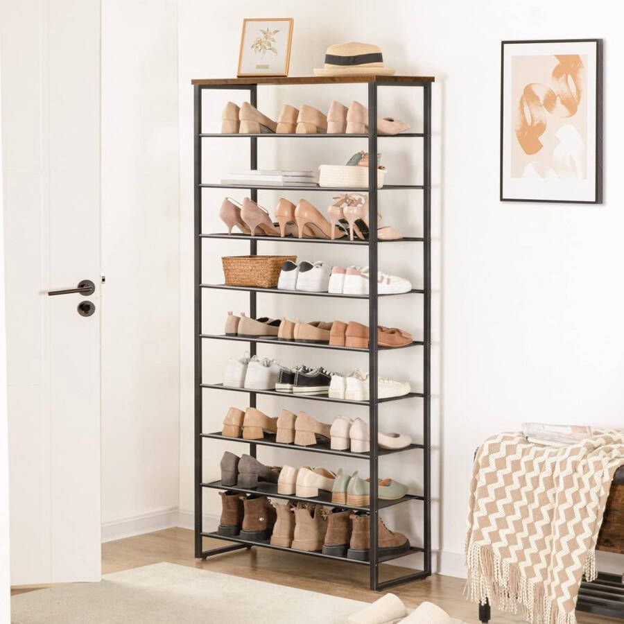 Schoenenrek met 10 niveaus smal schoenenkast schoen organisator voor 32-40 paar schoenen metaal voor hal woonkamer vintage bruin-zwart EBF107XJ01