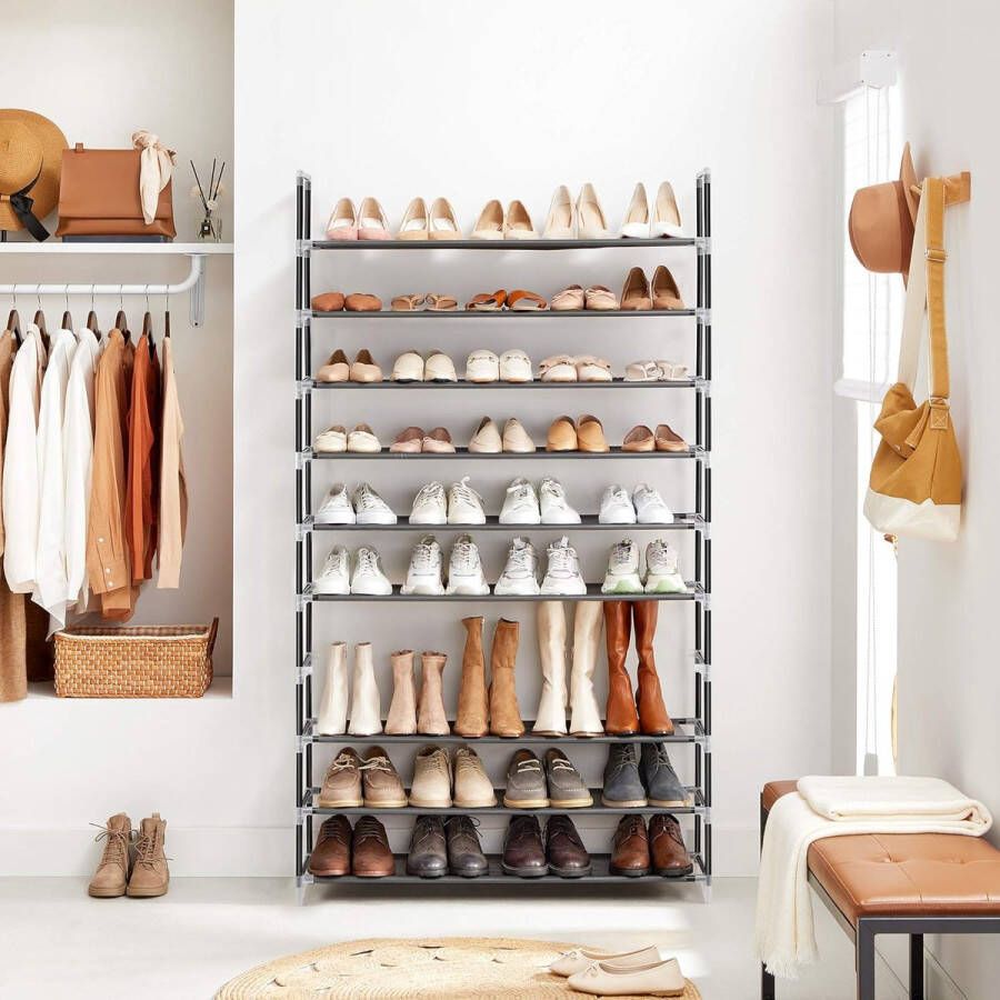 Schoenenrek met 10 niveaus voor maximaal 50 paar schoenen voor woonkamer kleedkamer en hal vliesstof 100 x 29 x 175 cm zwart