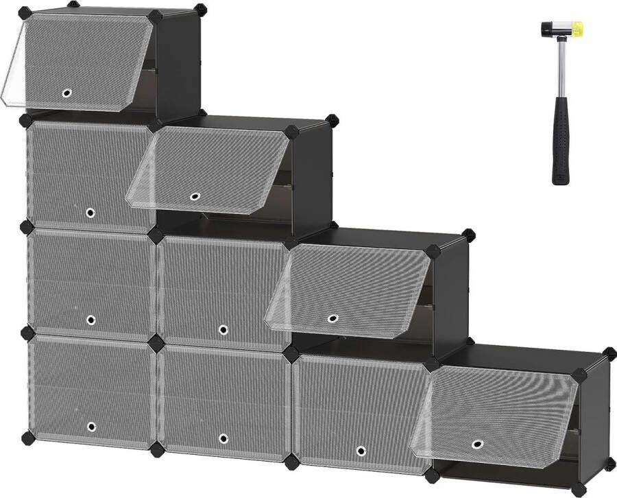 Schoenenrek Met 10 Vakken Schoenenkast 30 X 40 X 30 Cm Per Vak Smal Met Deuren Stalen Frame Kunststof Voor Hal Slaapkamer Entree Zwart Lpc035B01