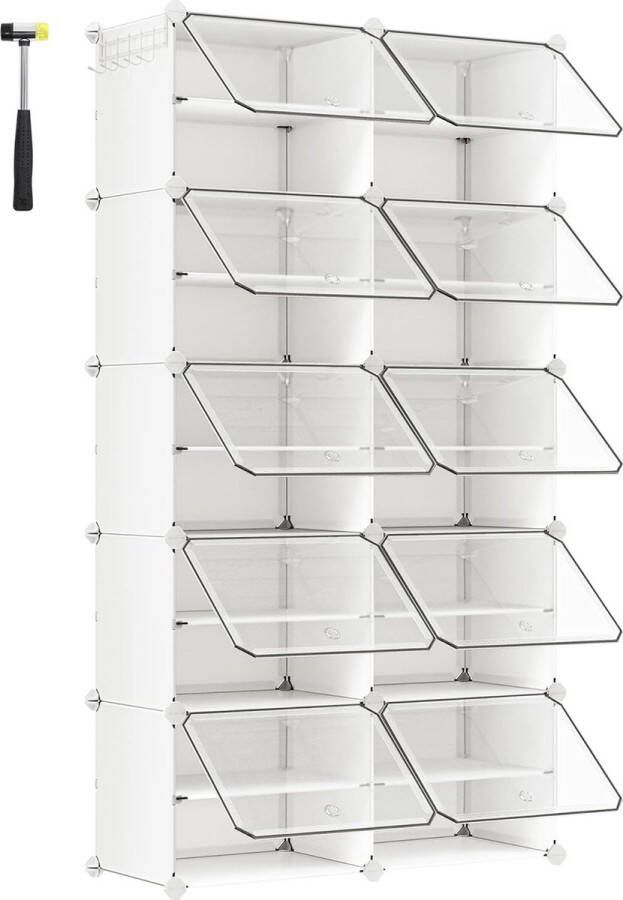 Schoenenrek met 10 vakken schoenenkast 30 x 40 x 30 cm per vak smal met deuren stalen frame kunststof voor hal slaapkamer entree wit