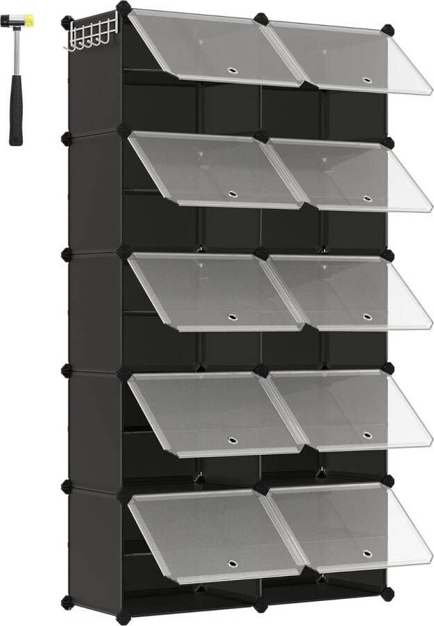 Schoenenrek met 10 vakken schoenenkast 30 x 40 x 30 cm per vak smal met deuren stalen frame kunststof voor hal slaapkamer entree zwart