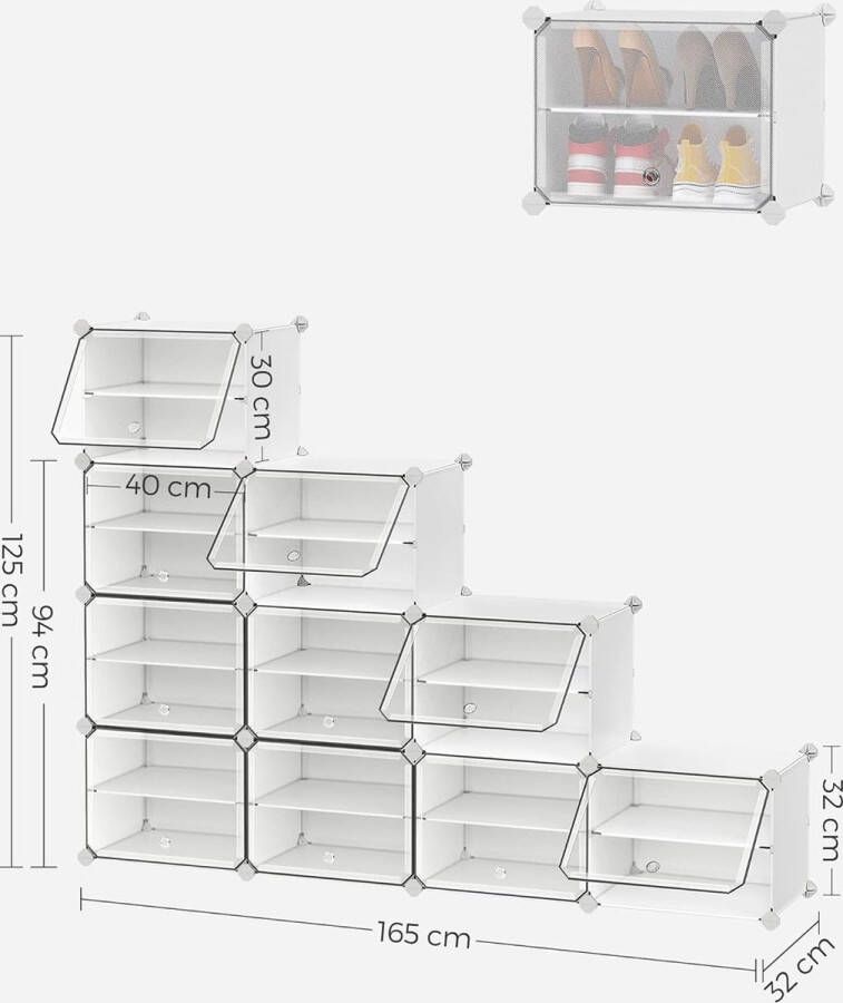 Schoenenrek met 10 vakken schoenenkast 30 x 40 x 30 cm per vak smal met deuren stalen frame kunststof voor hal slaapkamer entree wit LPC035W01