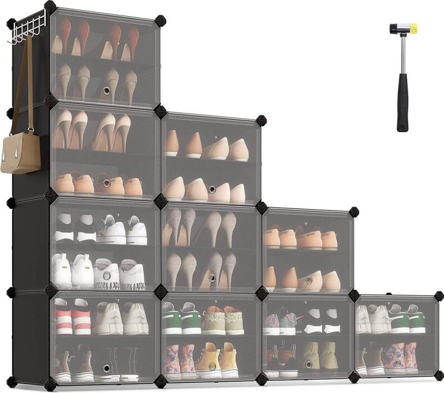 Songmics Schoenenrek met 10 vakken schoenenkast 30 x 40 x 30 cm per vak smal met deuren stalen frame kunststof voor Hal slaapkamer entree zwart LPC035B01