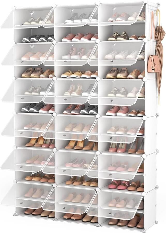 Schoenenrek met 12 niveaus schoenenkast hoog voor 72 paar schoenen schoenenorganizer van kunststof met transparante deur voor hal slaapkamer entree (wit 3 x 12)