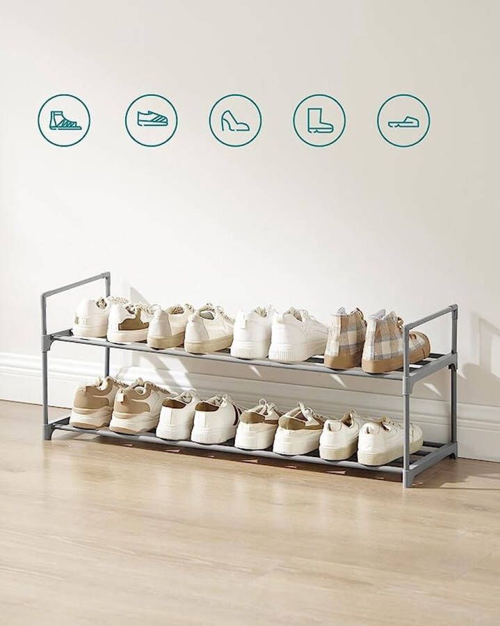 Schoenenrek met 2 etages schoenenrek organizer van metaal voor 8 10 paar schoenen stapelbaar hal woonkamer slaapkamer 30 x 92 x 33 cm grijs LSA012G01