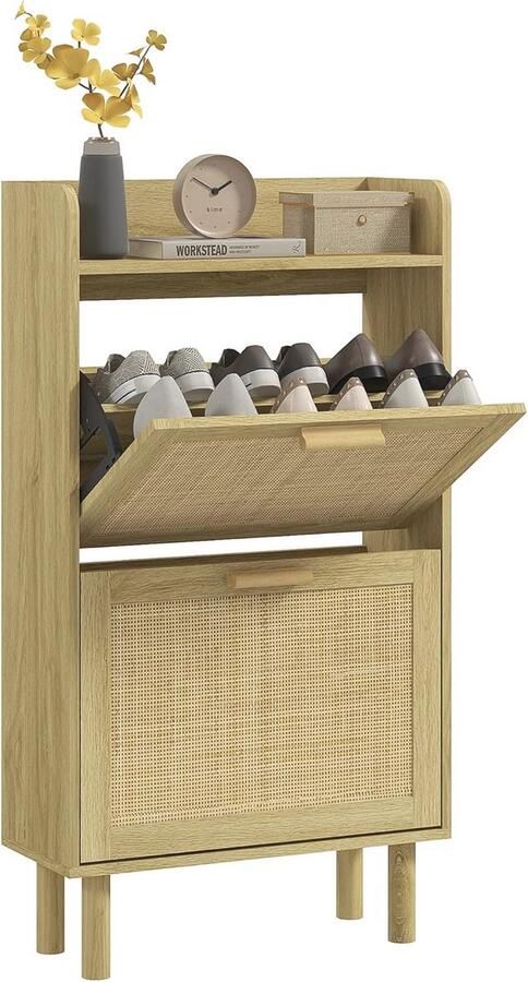 Schoenenrek met 2 klapdeuren en rotaneffect Boho design 12 paar ruimtebesparend