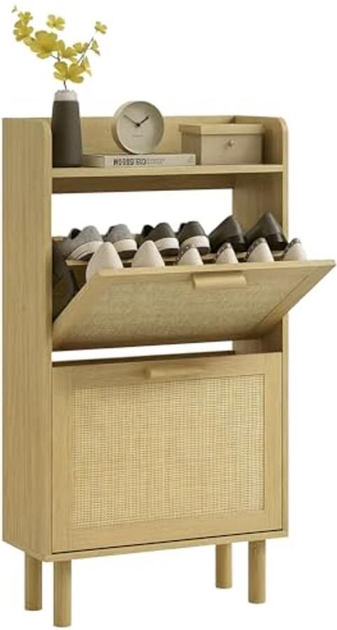 Schoenenrek met 2 Klapdeuren voor 12 Paar Schoenen Boho Design Natuurlijk