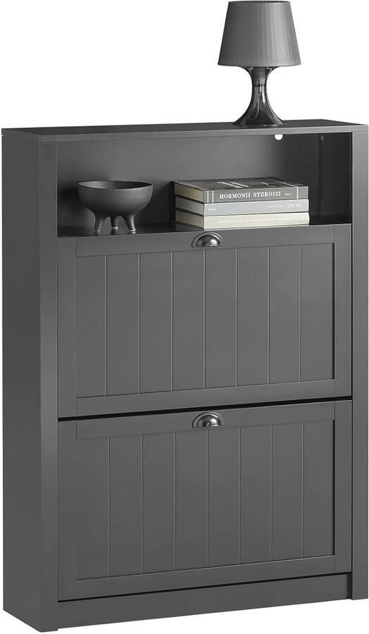 Schoenenrek met 2 Kleppen en 4 Legplanken Smalle Schoenenkast met Extra Vak en Kantelbeveiliging 80x110x24cm Zwart