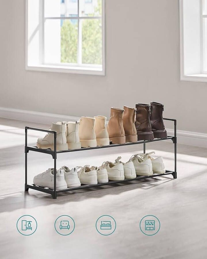 Schoenenrek met 2 niveaus metalen schoenenopslag voor max. 10 paar schoenen schoenenplanner voor woonkamer hal en kleedkamer 92 x 30 x 33 cm zwart LSA12BK