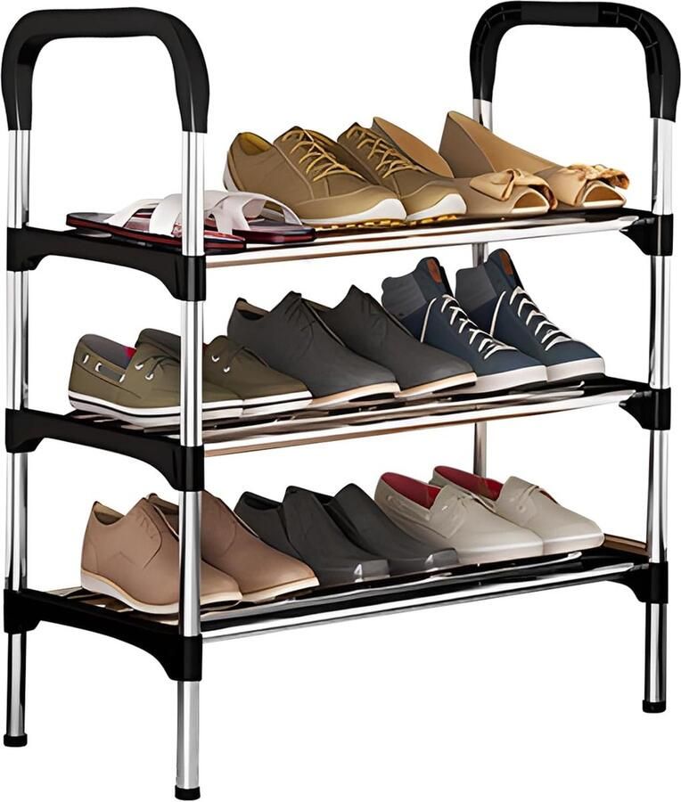 Schoenenrek met 3 niveaus dik verzinkt stalen buizenrek met handvat schoenenrek smal ruimtebesparend schoenenrek kleine woonkamer voor slaapkamer ingangen gangen en kasten (58 x 26 x 65 cm)
