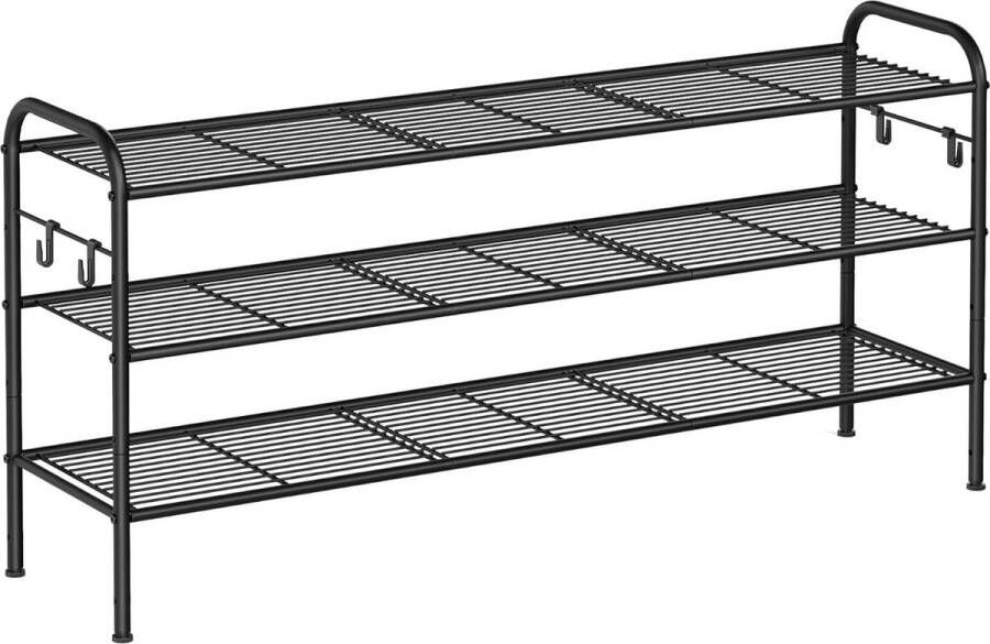 Schoenenrek met 3 niveaus metalen plank met 4 zijhaken biedt plaats aan 18 paar schoenen in hoogte verstelbare plank voor entree hal kledingkast eenvoudige montage inktzwart