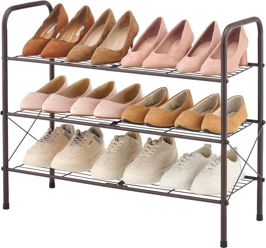 Schoenenrek met 3 niveaus metalen schoenenopbergruimte schoenenorganizer 15-20 paar 58 x 26 x 70 cm schoenenrek entree gang garderobe eenvoudige montage woonkamer slaapkamer inktzwart