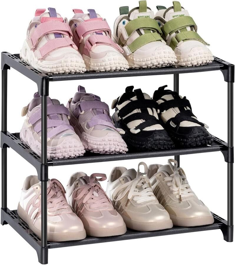 Schoenenrek met 3 niveaus schoenenrek ruimtebesparend smalle schoenenrekken klein zwart stapelbaar metalen schoenenrek voor hal ingang kast smalle ruimte