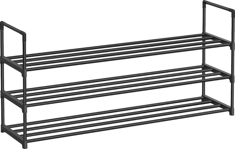 Songmics Schoenenrek met 3 planken Schoenenstandaard van metaal Staand rek eenvoudige montage ruimtebesparend voor 12 tot 15 paar schoenen stapelbaar voor hal woonkamer zwart LSA303B02