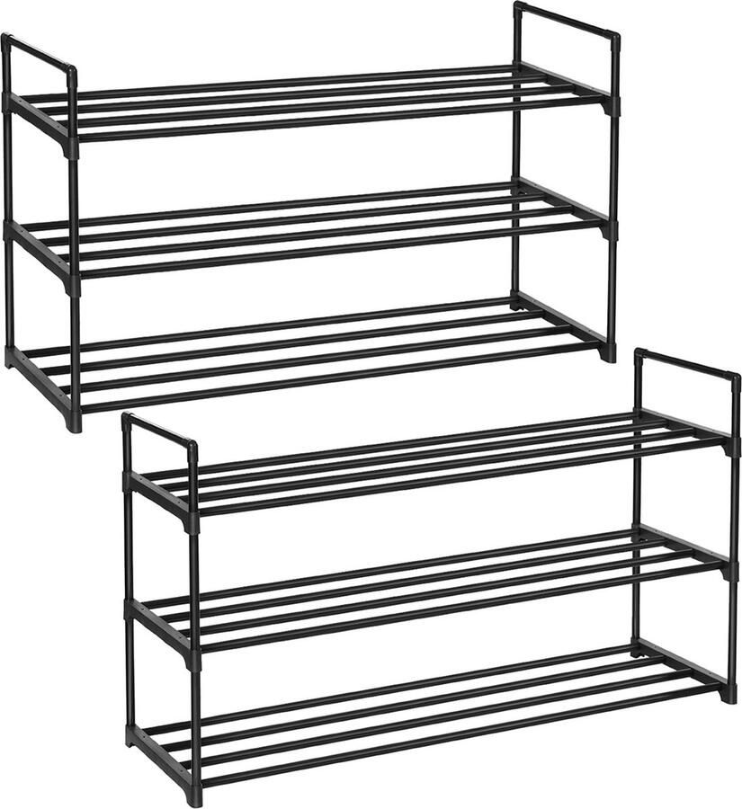 Schoenenrek – Met 3 niveaus – Set van 2 – Metalen schoenenopslag – Schoenenkast – Zwart