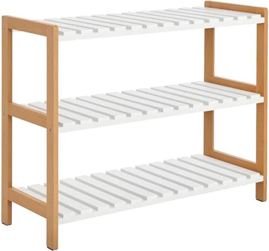 Schoenenrek met 3 niveaus van bamboe en MDF in wit
