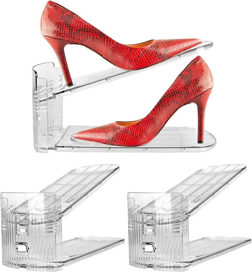 Schoenenrek met 3 sleuven 27 4 × 9 8 × 11 cm Schoenenrek in boetiekstijl Geschikt voor één paar schoenen Afneembaar schoenenrek Voor het opbergen van kleding Verstelbaar smal schoenenrek Transparant