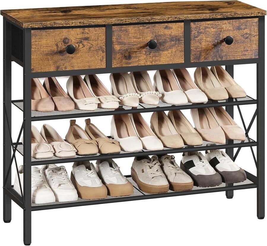 Schoenenrek met 4 niveaus – groot schoenenrek met 3 stoffen laden en 3 roosters ruimtebesparend vintage bruin-zwart ideaal voor hal of entree