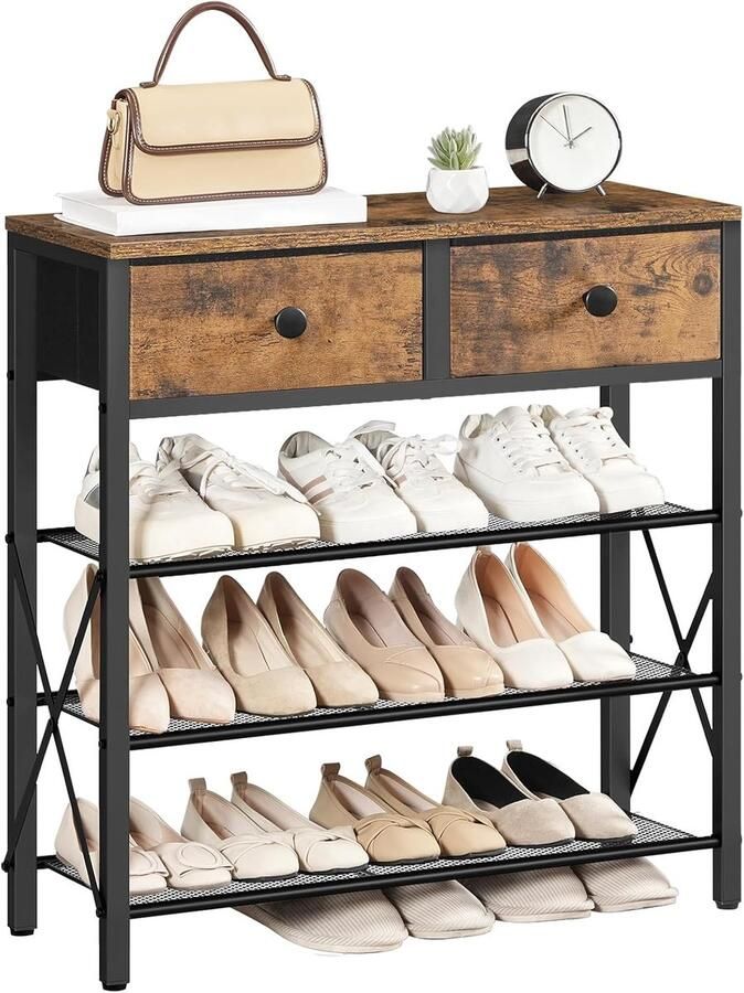 Schoenenrek met 4 niveaus – groot schoenenrek voor 16 paar schoenen met 2 stoffen laden en 3 roosters ruimtebesparend vintage bruin-zwart ideaal voor hal of entree