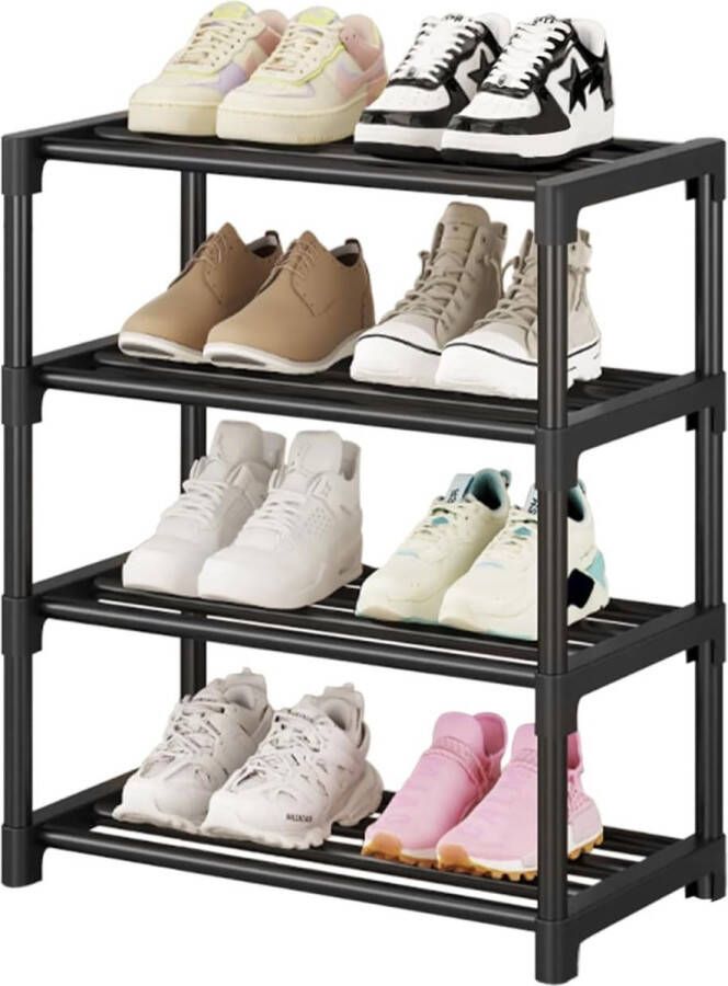Schoenenrek met 4 niveaus klein schoenenrek roestvrij staal schoenen organizer voor maximaal 8 paar schoenen ruimtebesparende opslag schoenenrek ingang kast woonkamer (zwart)