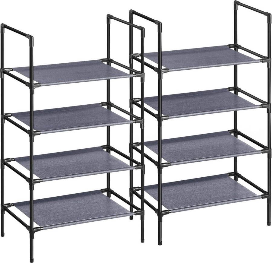 Schoenenrek met 4 planken set van 2 schoenenrek metalen frame planken van niet-geweven stof voor gang slaapkamer woonkamer 45 x 28 x 80 cm grijs