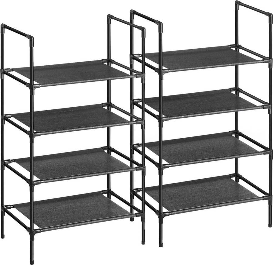 schoenenrek met 4 planken set van 2 schoenenrek metalen frame planken van niet-geweven stof voor gang slaapkamer woonkamer 45 x 28 x 80 cm zwart LSR044B02