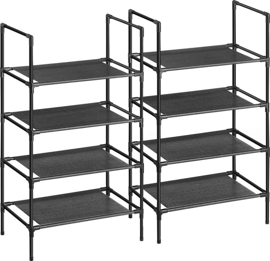 schoenenrek met 4 planken set van 2 schoenenrek metalen frame planken van niet-geweven stof voor gang slaapkamer woonkamer 45 x 28 x 80 cm zwart LSR044B02