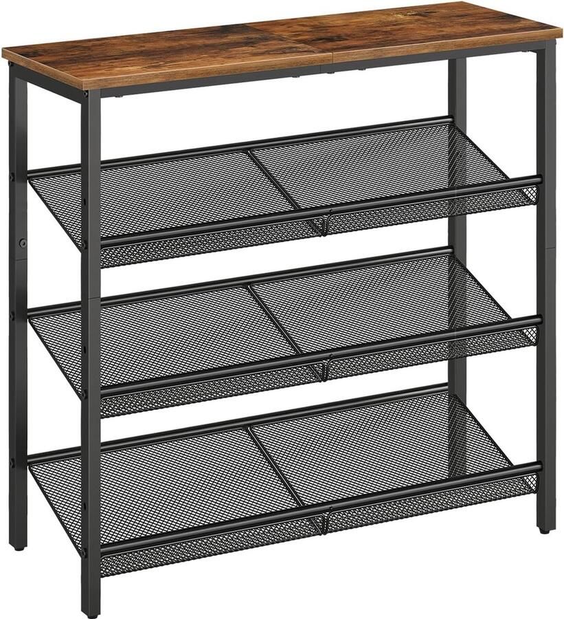 Schoenenrek met 4 verdiepingen schoenenkast verstelbaar metalen roosterrek ruime bovenkant voor 12-15 paar schoenen ingang gang industrie vintage bruin-zwart EBF42XJ01